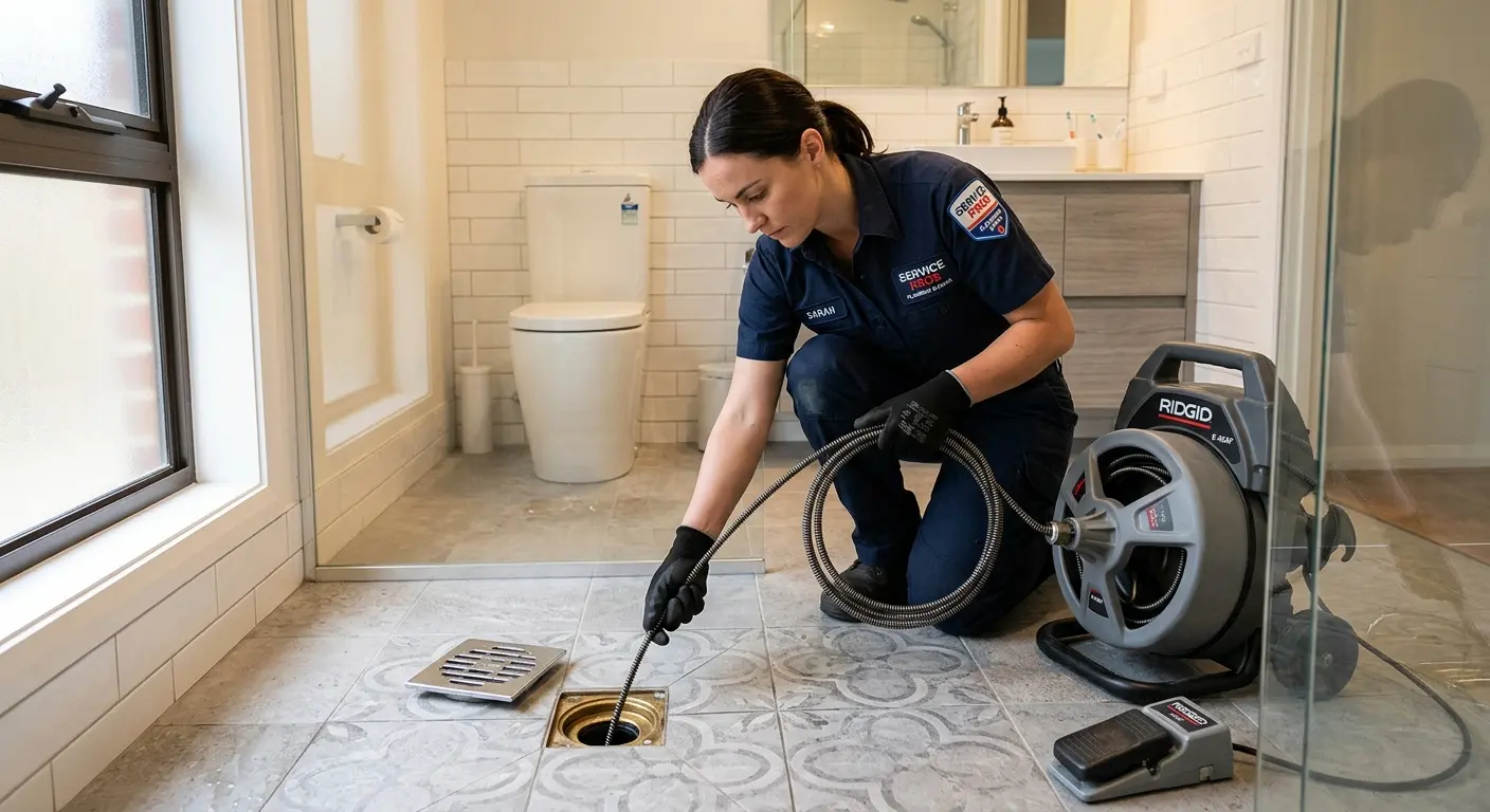 Technician clearing a bathroom floor drain for Drain Repair in Clayton